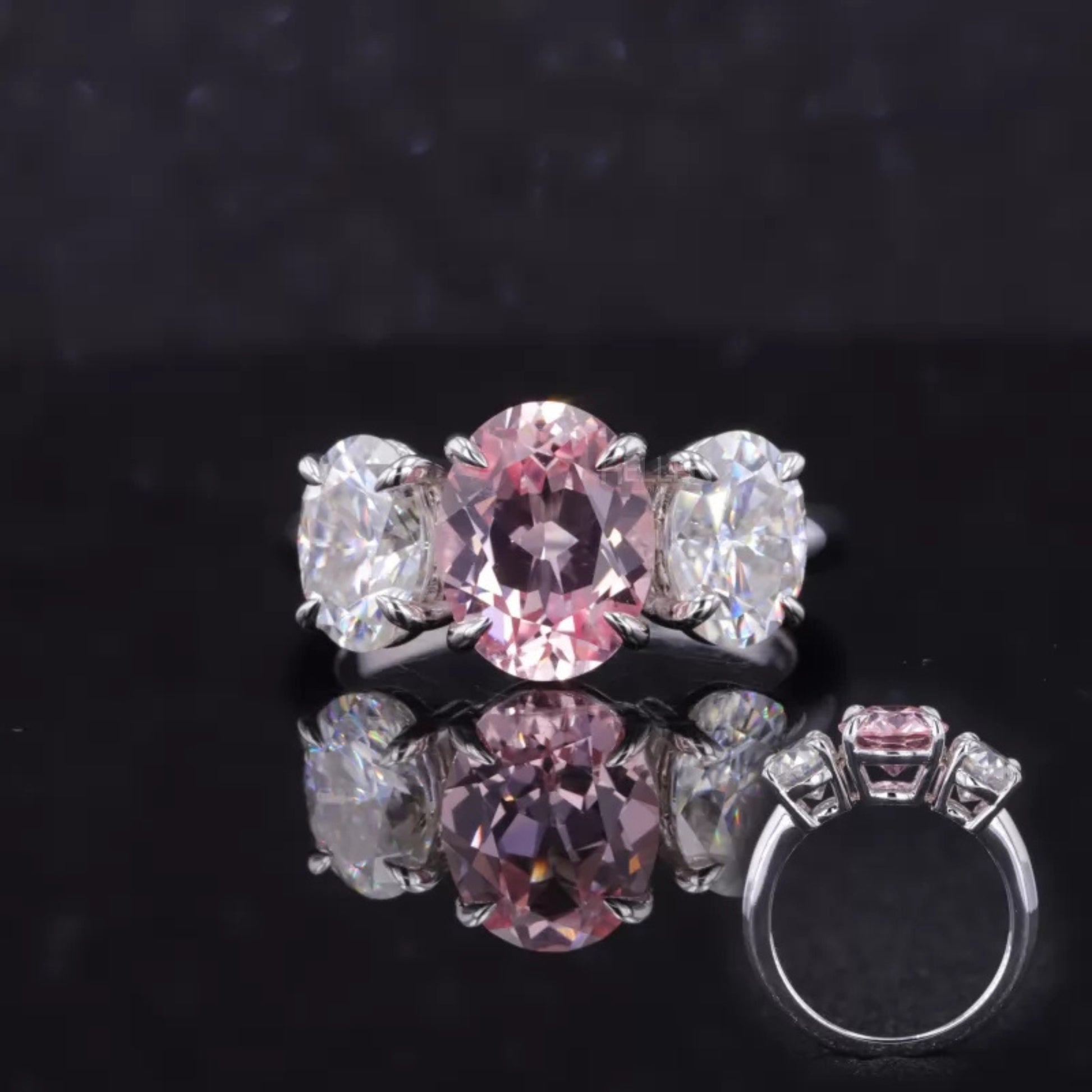 Romantic pink oval cut moissanite 3 stone ring in 925 sterling silver – unique gemstone engagement jewelry