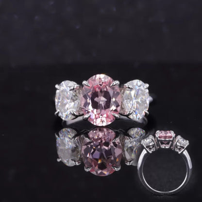 Romantic pink oval cut moissanite 3 stone ring in 925 sterling silver – unique gemstone engagement jewelry