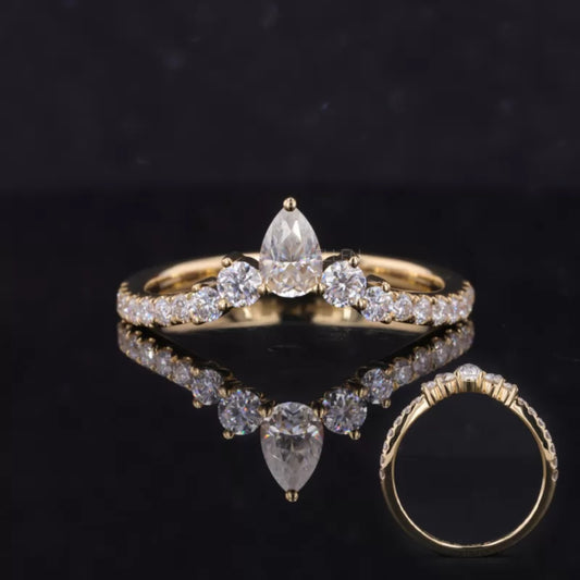 V-curved wedding band with round and pear cut moissanite – modern contour band for stacking or solo wear

