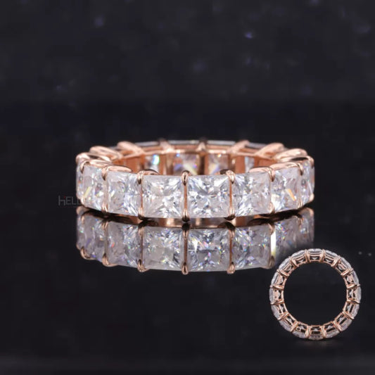 Full eternity band with princess cut stones and strong shared prongs – bold symmetry with lasting shine

