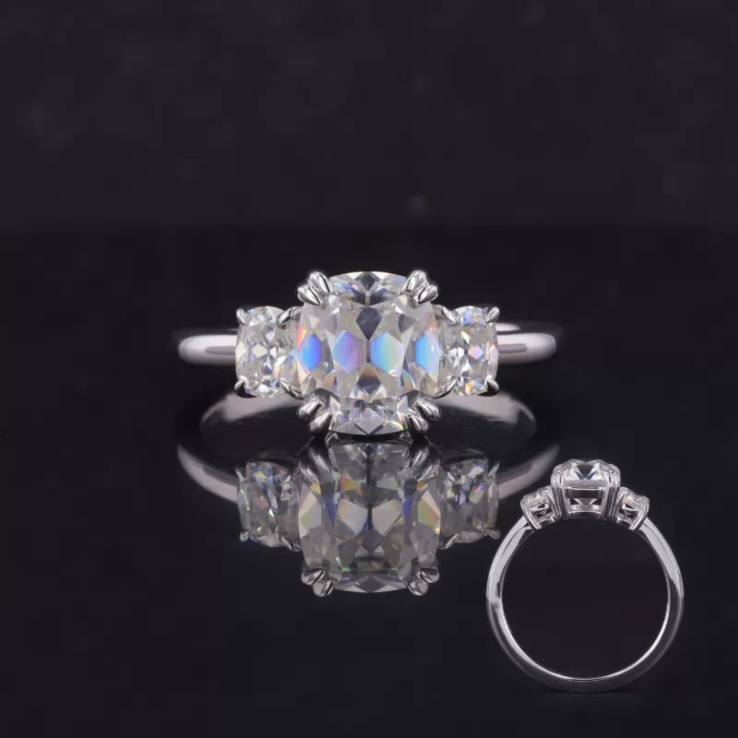 Vintage-inspired 3 stone cushion old mine cut moissanite ring – antique bridal design with timeless charm