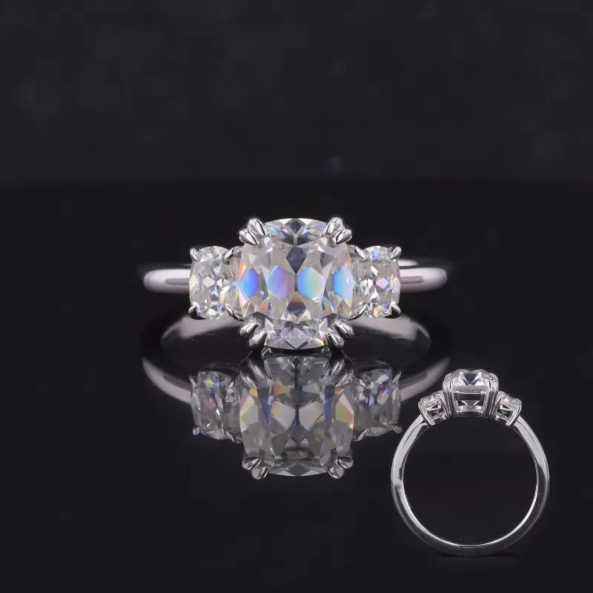 Vintage-inspired 3 stone cushion old mine cut moissanite ring – antique bridal design with timeless charm