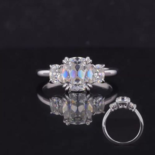 Cushion Old Mine Cut 3 Stone Bridal Ring