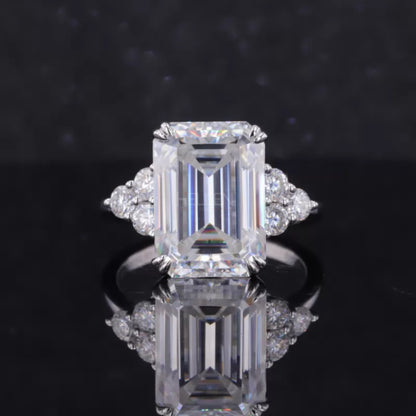 Elegant 7 stone engagement ring with emerald and round cut moissanite – unique bridal ring for her in a stunning multi-stone setting

