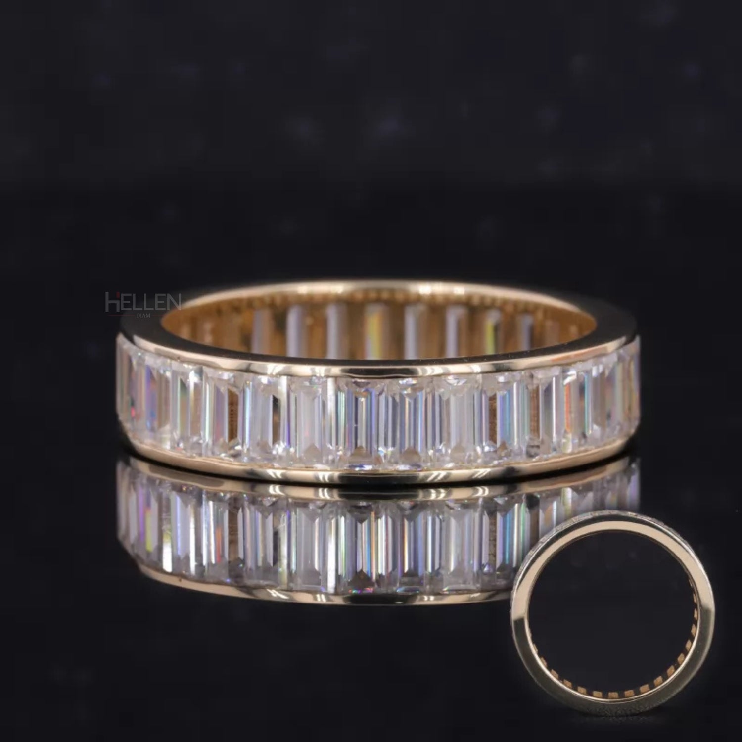 Baguette moissanite eternity band in channel setting – modern linear brilliance in a continuous loop

