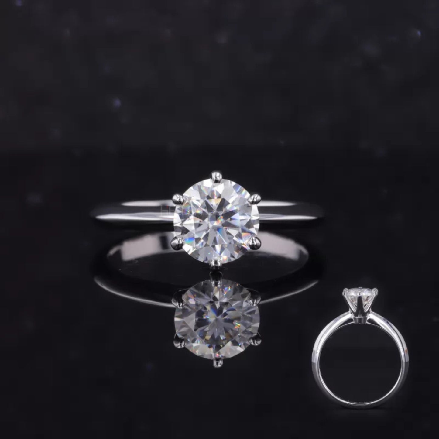 Classic round cut moissanite engagement ring with regal crown setting – timeless solitaire style for bridal occasions