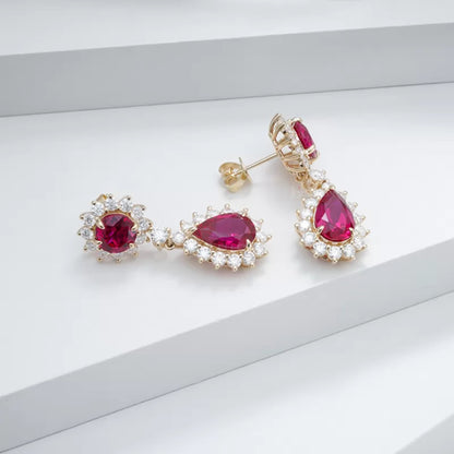 Stunning Ruby Halo Drop Earrings With Round Cut Moissanite