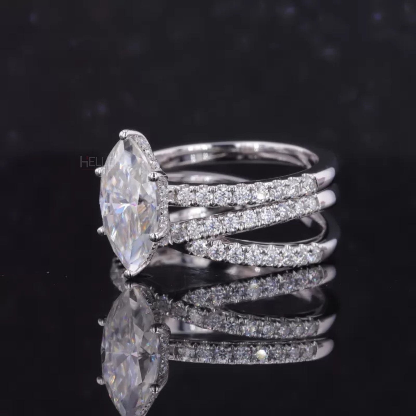 Marquis Solitaire Crossed Shank Ring with Stackable Eternity Band