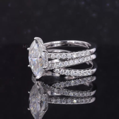 Marquis Solitaire Crossed Shank Ring with Stackable Eternity Band