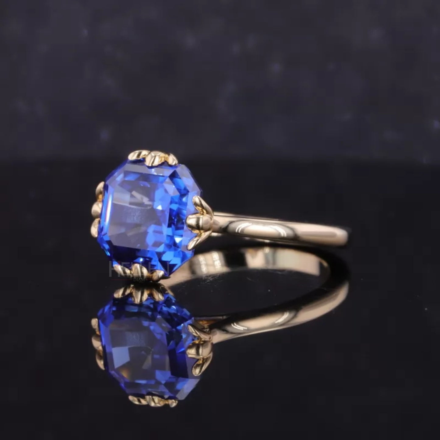 Asscher Cut Blue Sapphire Solitaire Engagement Ring With leaf Prong