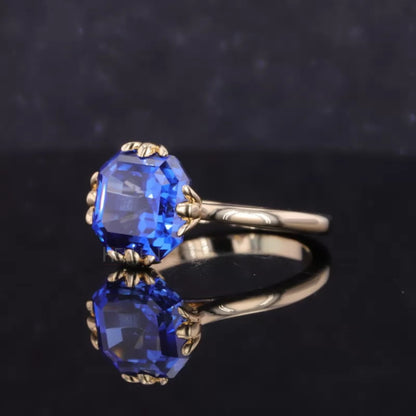 Asscher Cut Blue Sapphire Solitaire Engagement Ring With leaf Prong