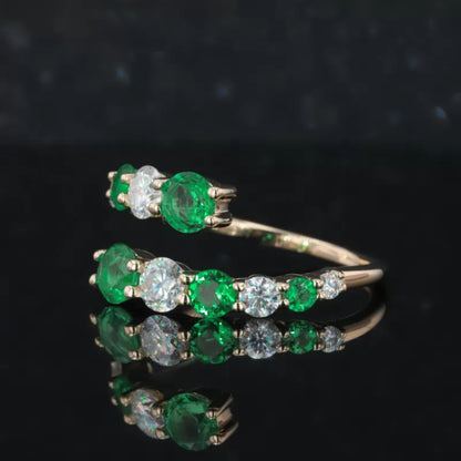 Round Cut Emerald & Moissanite Open Gap Wedding Band