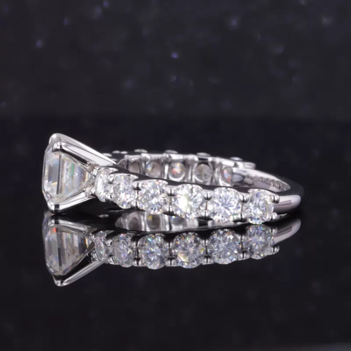 Asscher Cut Moissanite Solitaire Ring with Pave Diamond Shank