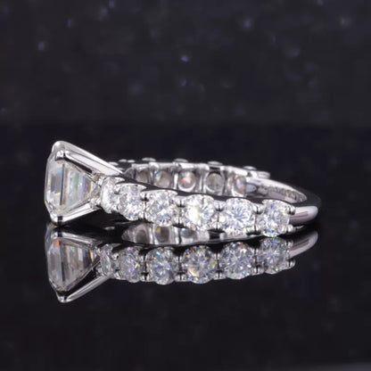 Asscher Cut Moissanite Solitaire Ring with Pave Diamond Shank