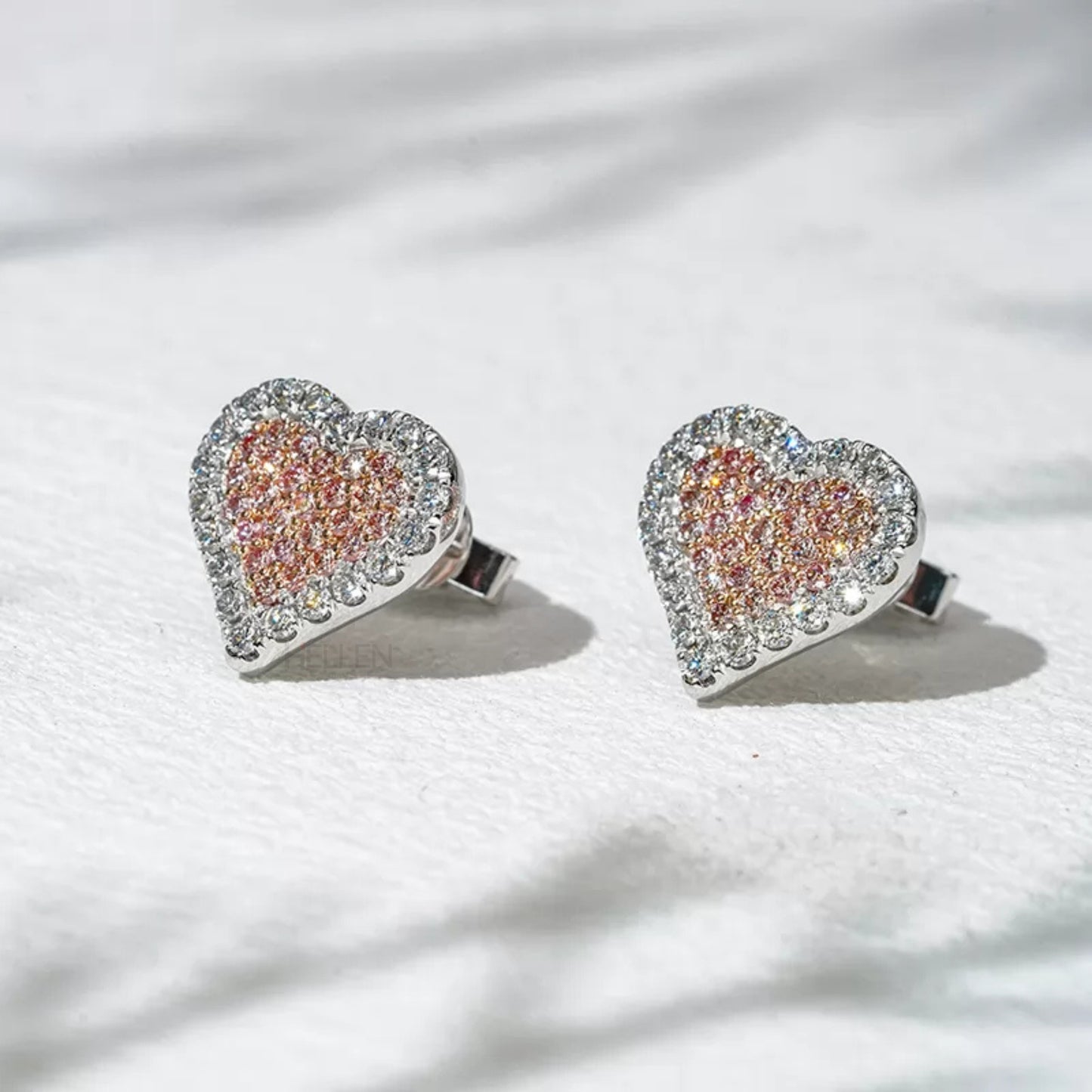 Pink Gemstone And Colorless Moissanite Heart shaped Studs