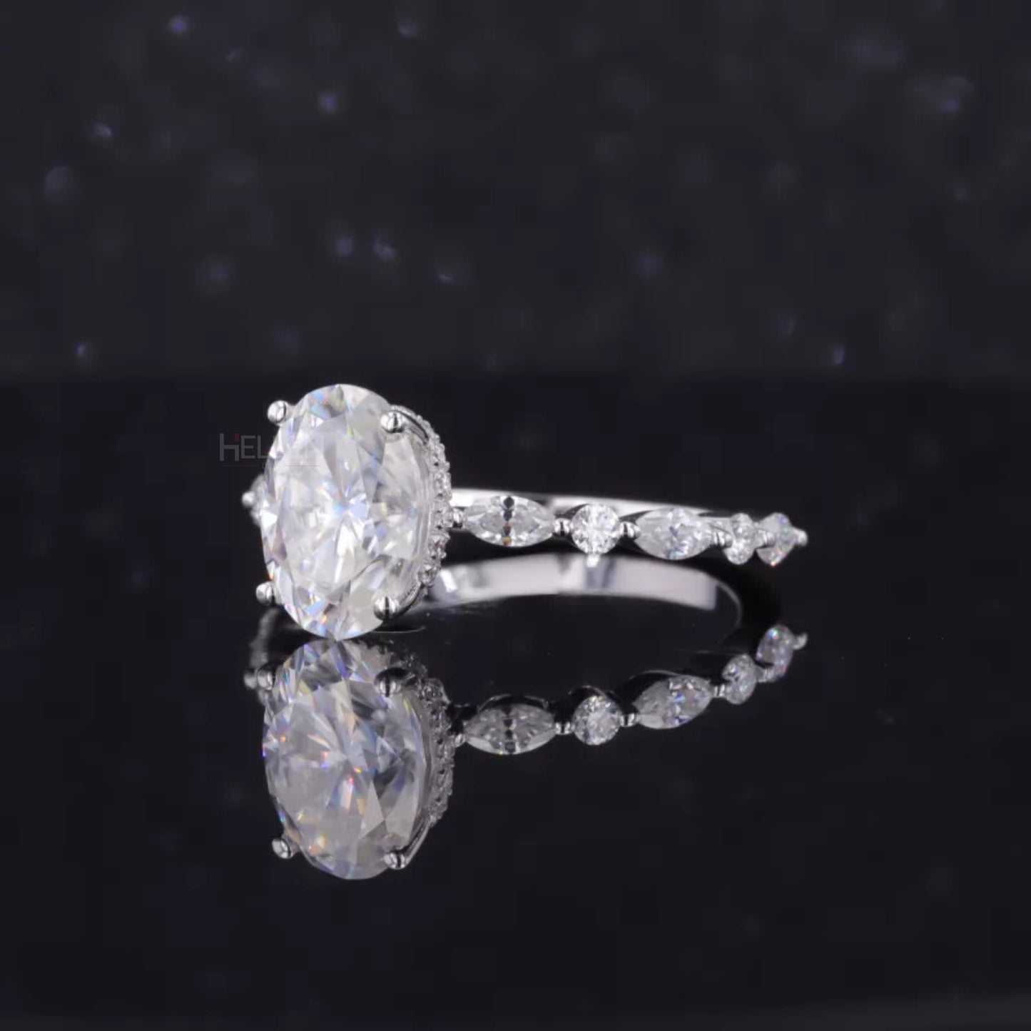 Oval Cut Solitaire with Marquise & Round Moissanite Hidden Halo Ring