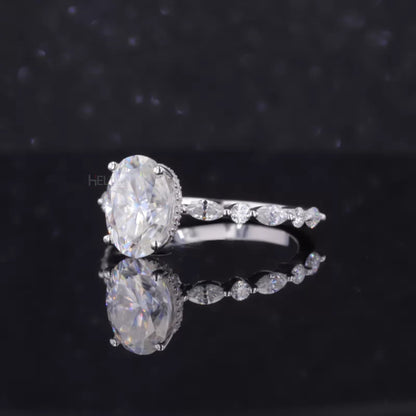 Oval Cut Solitaire with Marquise & Round Moissanite Hidden Halo Ring