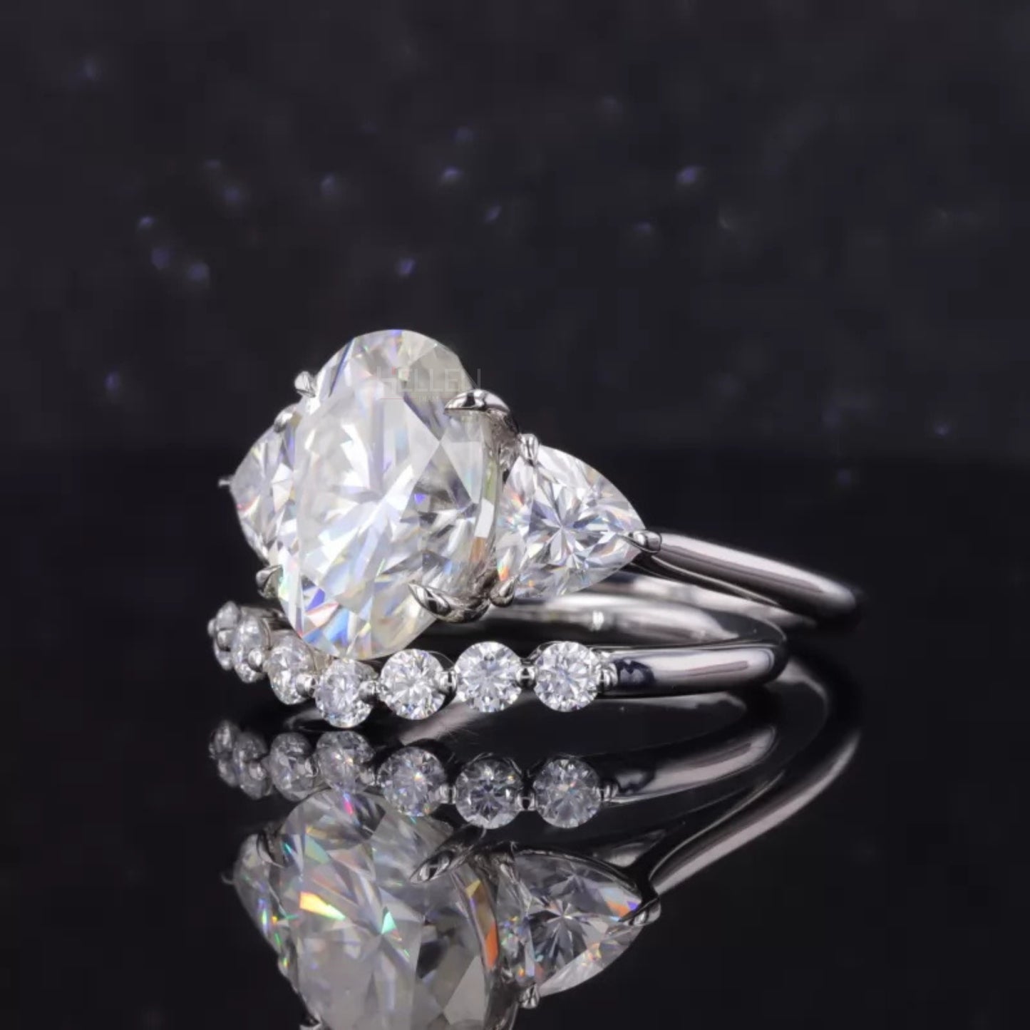 Three Stone Oval Cut Moissanite Bridal Ring Set
