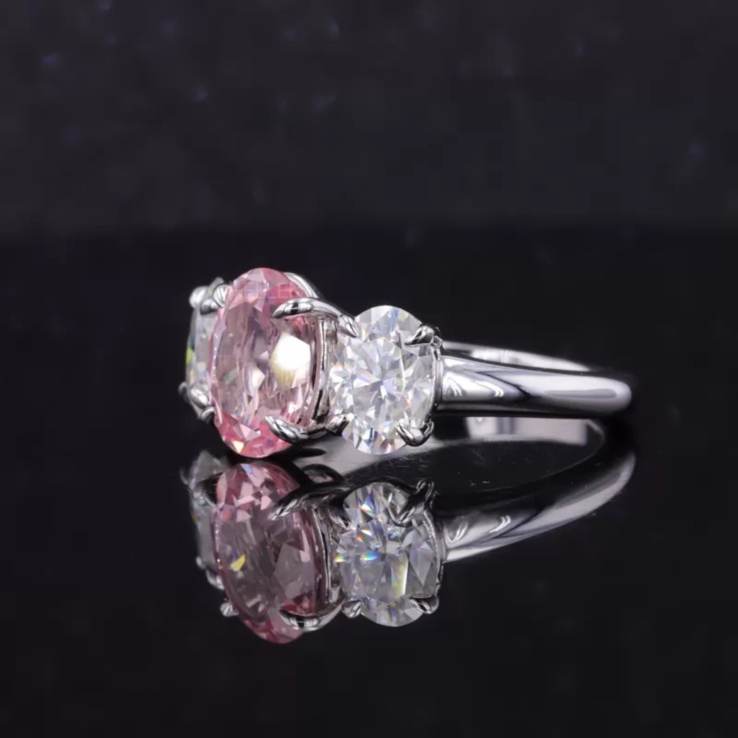 3 Stone Pink Oval Cut Moissanite Ring – 925 Sterling Silver