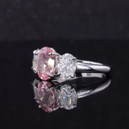 3 Stone Pink Oval Cut Moissanite Ring – 925 Sterling Silver