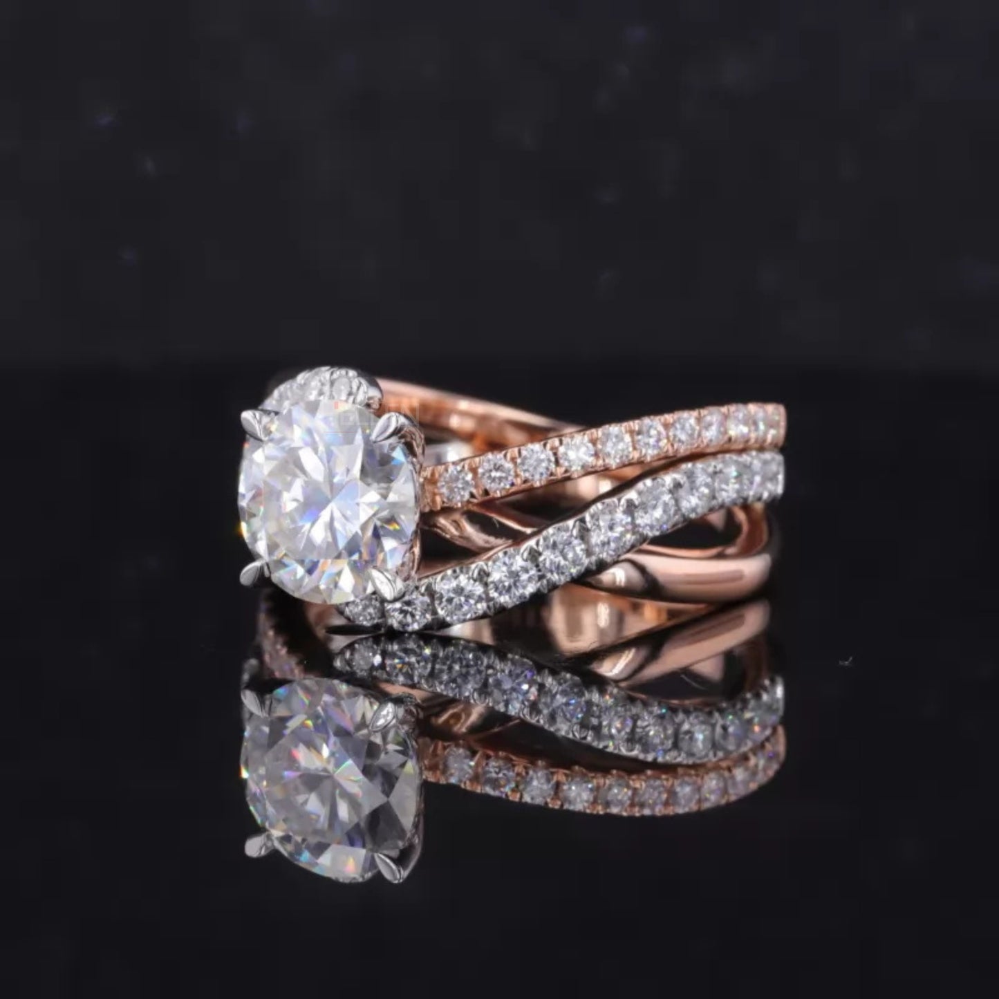 Round Cut Moissanite Solitaire Ring with Diamonds on Split Shank