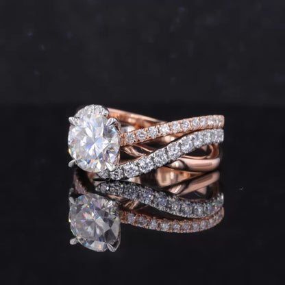 Round Cut Moissanite Solitaire Ring with Diamonds on Split Shank