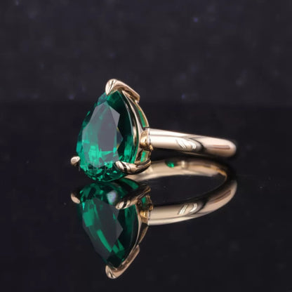 Pear Cut Green Emerald Gemstone Solitaire Engagement Ring