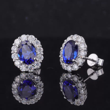 Blue Sapphire Oval Cut Gemstone With Round Cut Halo Studs Earring