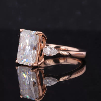 3 Stone Pear and Radiant Cut Moissanite Ring Pear Cut Side Stone - 925 Silver