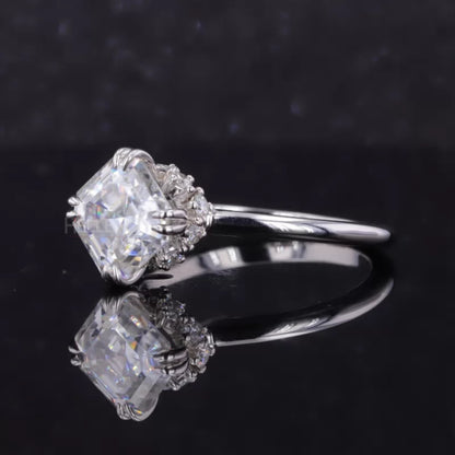 Asscher Cut Moissanite Solitaire Ring with Hidden Halo