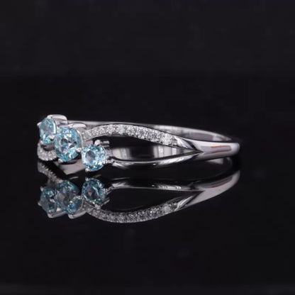 Aquamarine Round Cut Gemstone and Round Cut Moissanite 3 stone Ring