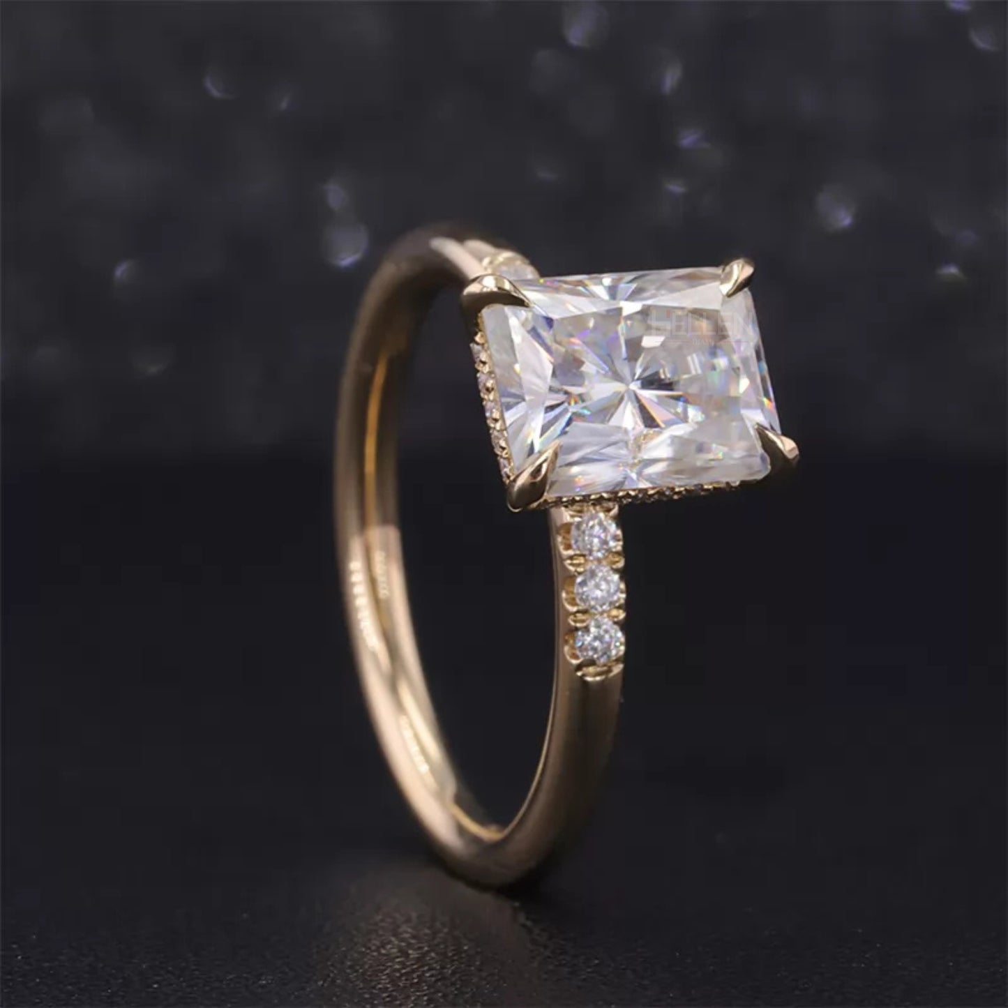 Radiant Cut Moissanite Solitaire Ring with Pave Diamond Shank