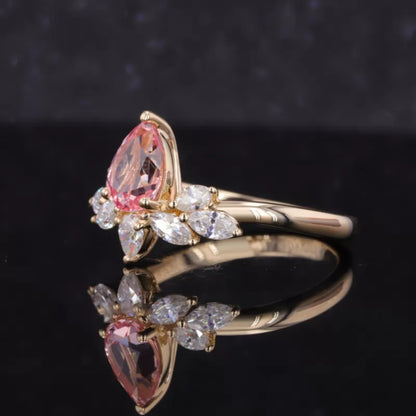 Pink Sapphire Pear Cut Gemstone & Moissanite Flower Proposal Ring