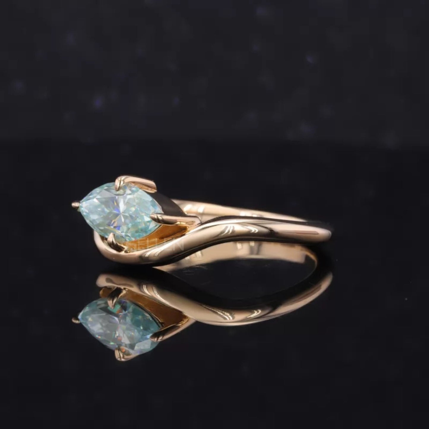 East-West Marquise Blue Green Moissanite Solitaire Proposal Ring