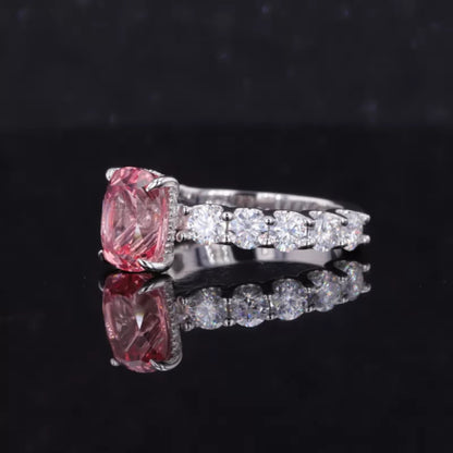 Pink Sapphire Elongated Cushion Cut Moissanite Pave Ring