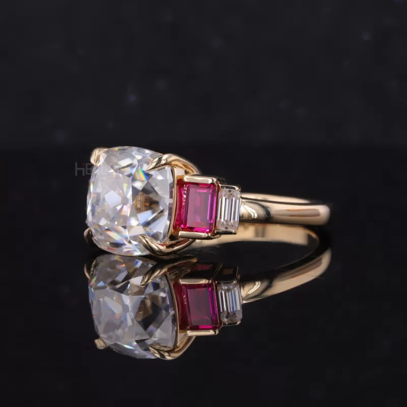 Cushion Old European Cut with Emerald & Ruby Side Stone Ring