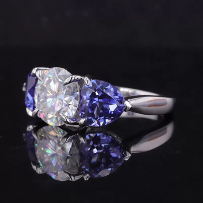 Round and Blue Heart Cut Moissanite Engagement Ring