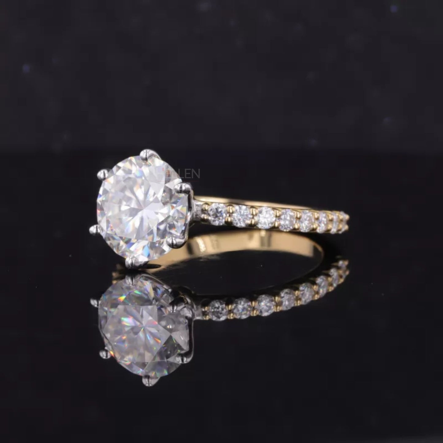 Round Cut Solitaire Moissanite 2-Tone Ring with Diamonds on Shank