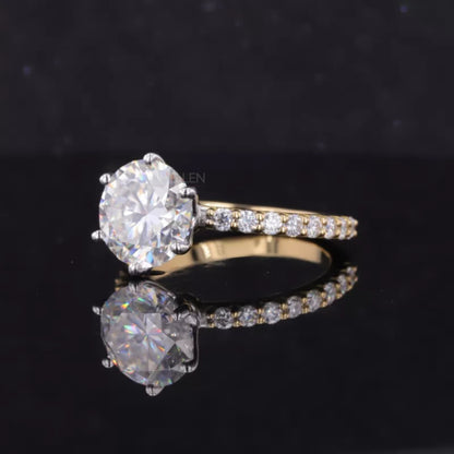 Round Cut Solitaire Moissanite 2-Tone Ring with Diamonds on Shank
