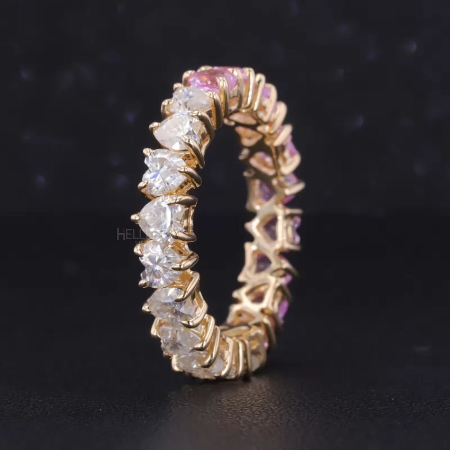 Half Pink Gemstone & Moissanite Heart Cut Wedding Band