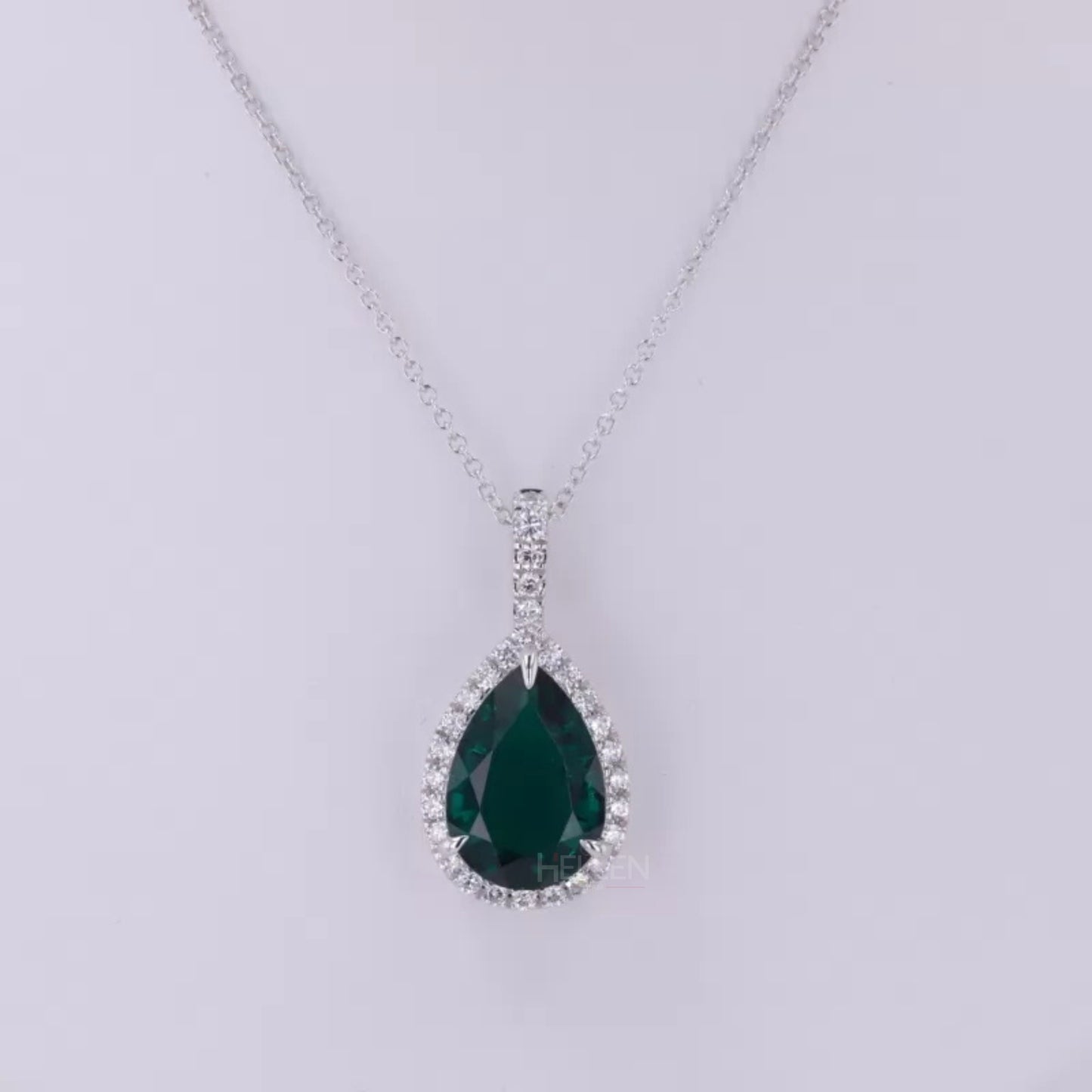 Bridesmaid Pear Cut Green Emerald And Moissanite Halo Necklace