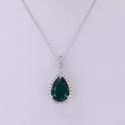 Bridesmaid Pear Cut Green Emerald And Moissanite Halo Necklace