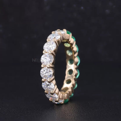 Half Green Gemstone & Moissanite Round Cut 2-in-1 Wedding Band