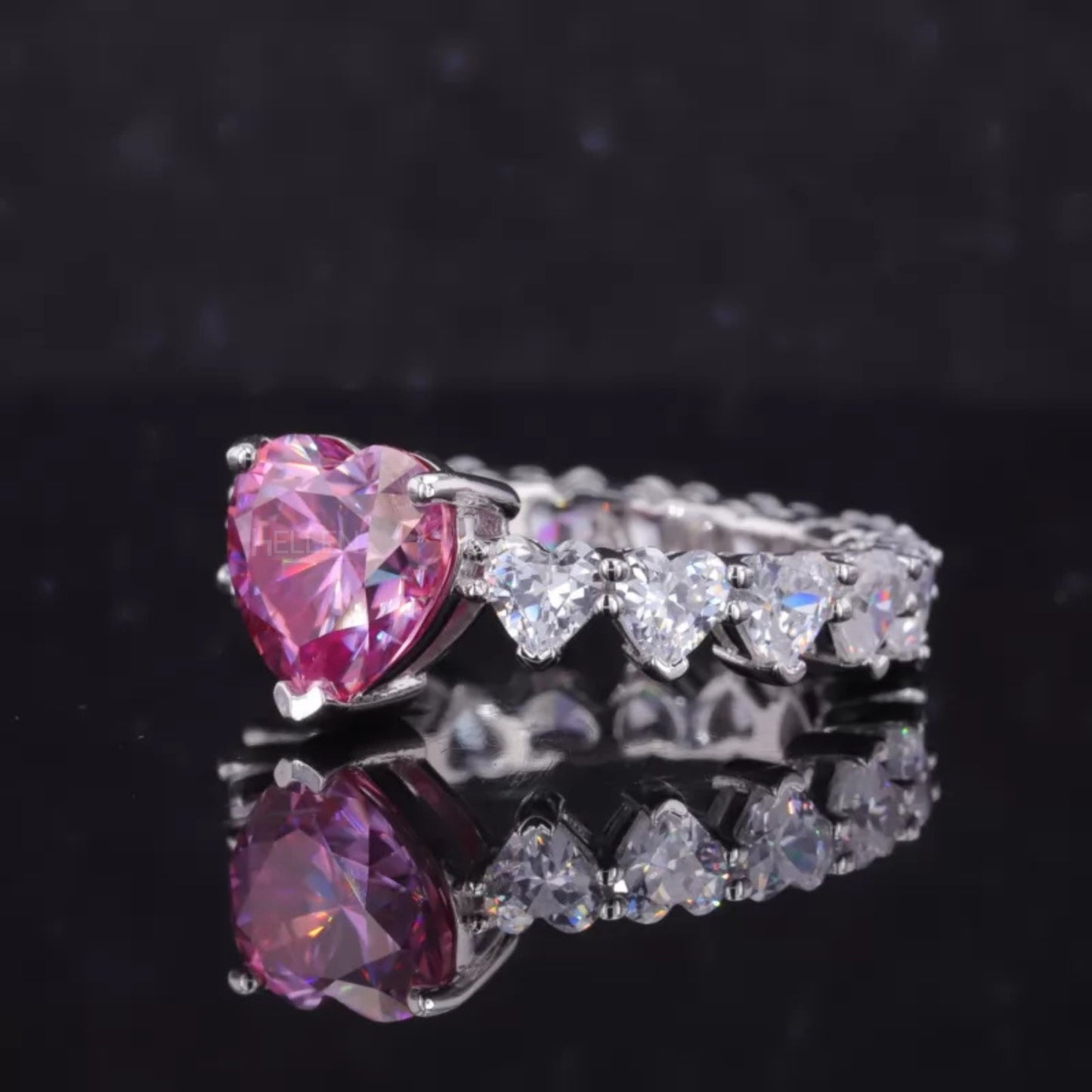Pink Sapphire Heart Cut Solitaire & Moissanite Heart Shank Ring