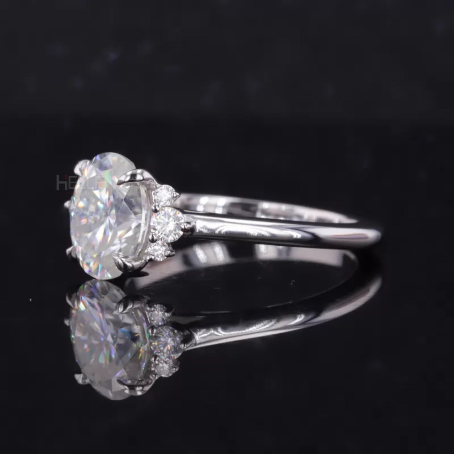 Floral Illusion Oval Cut Center & Round Side Moissanite Proposal Ring