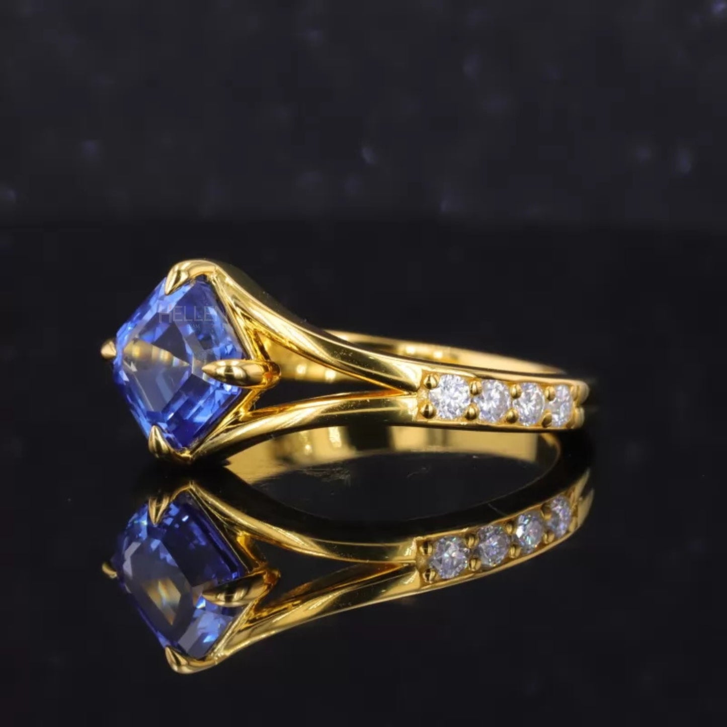 Princess Cut Blue Sapphire & Moissanite Pave Solitaire Ring
