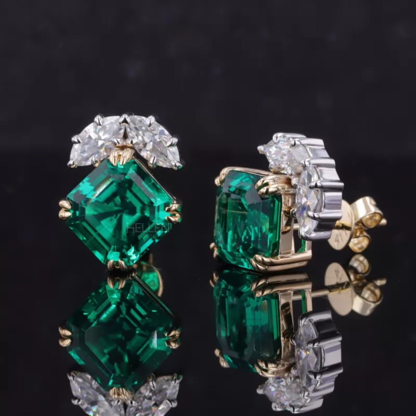 Exclusive Asscher Cut Zambian Emerald & Marquise Moissanite Studs