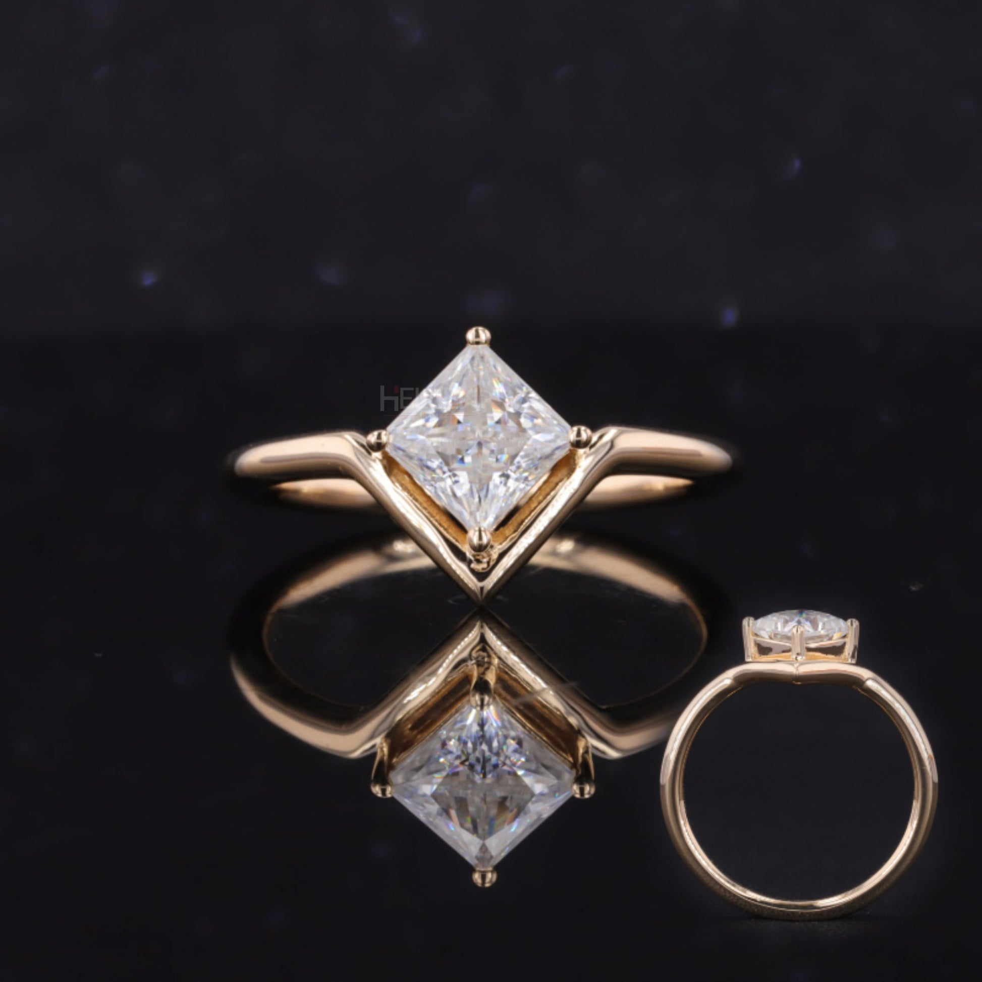 Princess cut moissanite solitaire ring in a unique V-shaped proposal setting – modern bridal ring with bold silhouette


