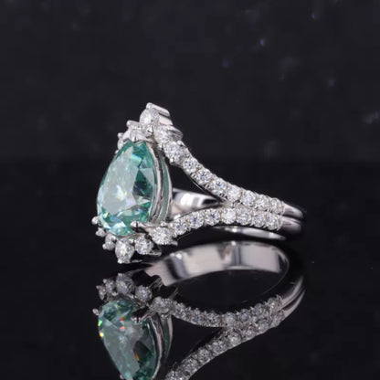 Blue-Green Pear & Round Moissanite Split Shank Engagement Ring