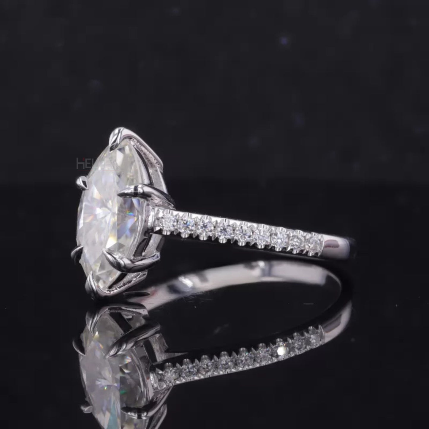 Marquis Cut Moissanite Solitaire with Claws Prong Pave Ring